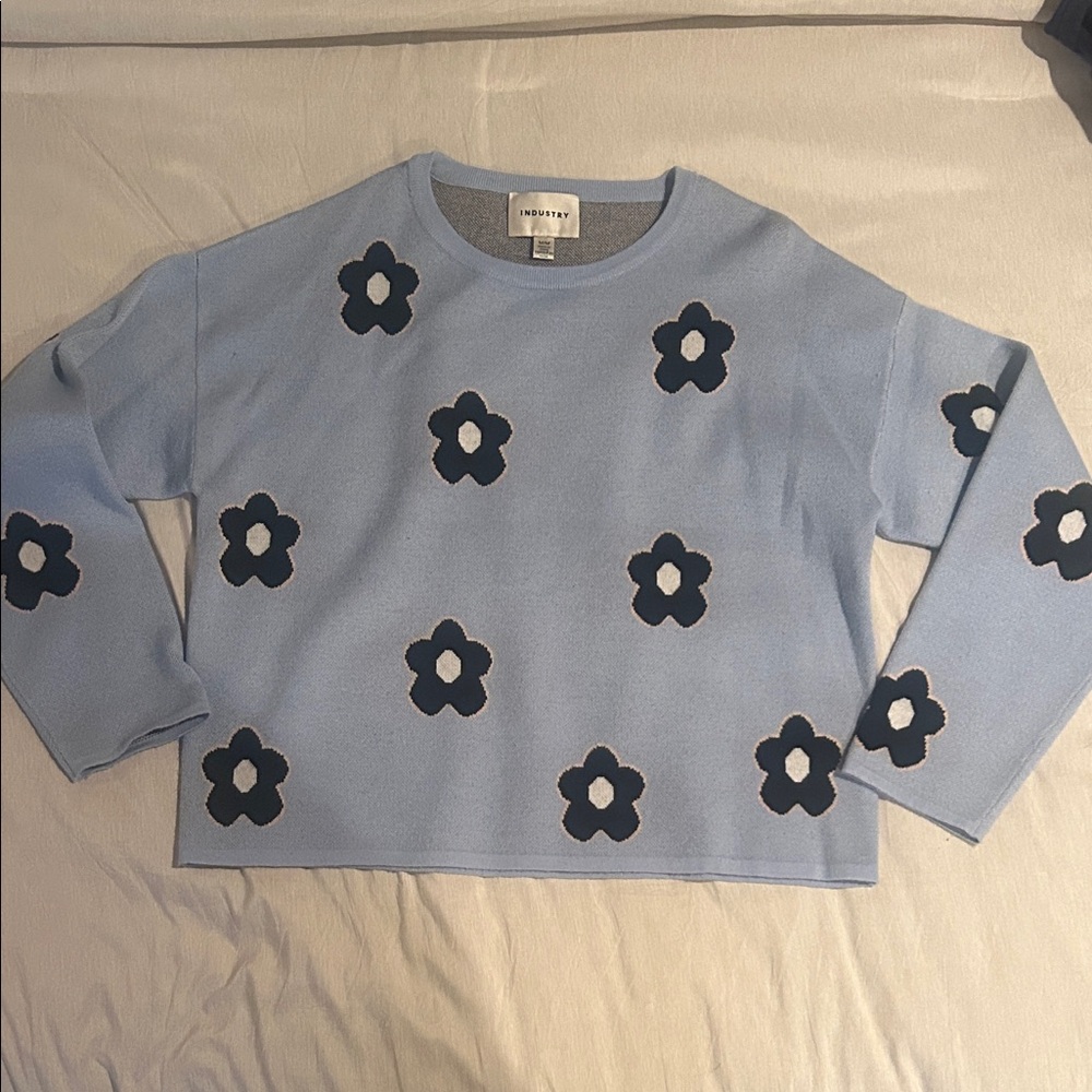 Industry Light Blue Sweater with Navy Floral Design size medium